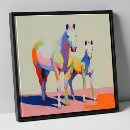 Technicolour Bond mare & foal canvas wall art in black frame