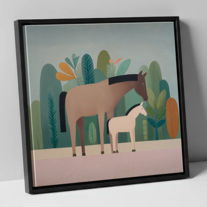 Tranquil Grove mare & foal canvas wall art in black frame