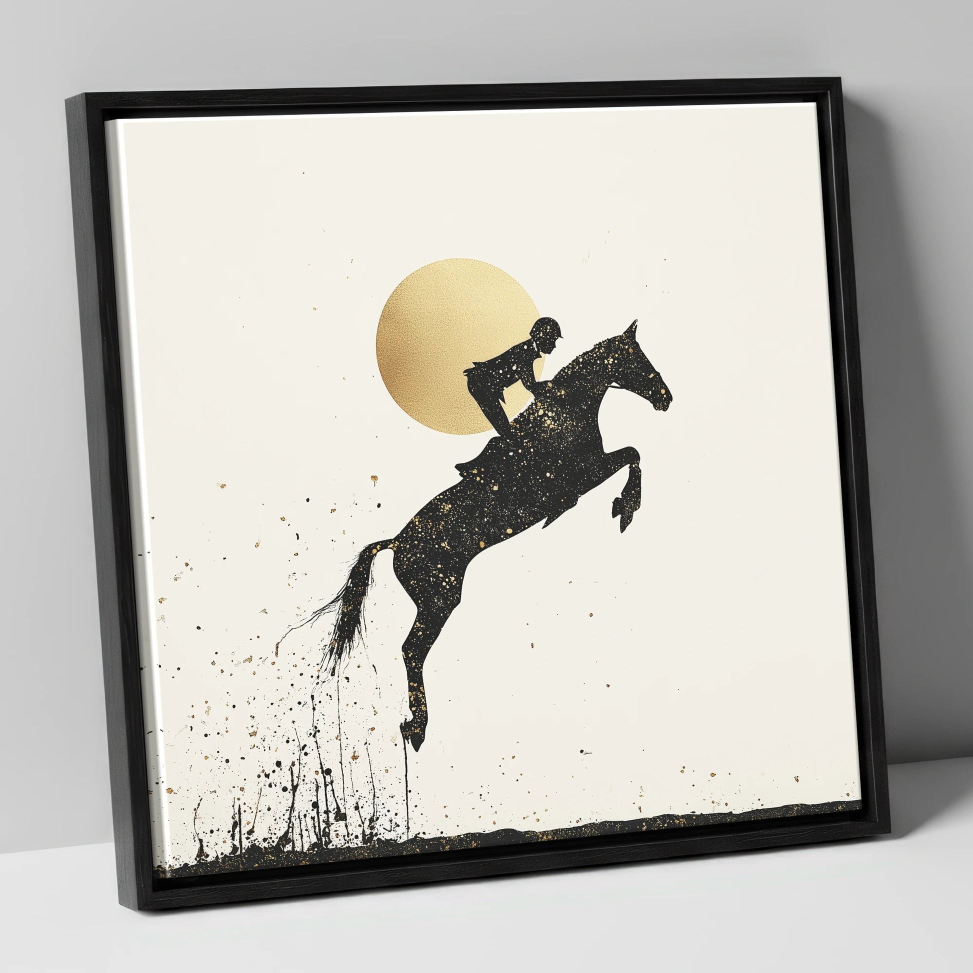 Golden Flight show jumping horse canvas wall art in black frame