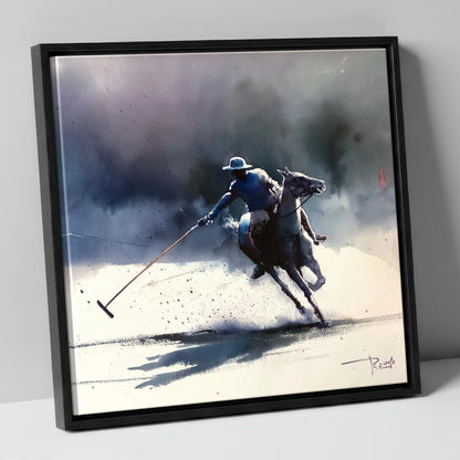 The Decisive Strike polo horse canvas wall art in black frame