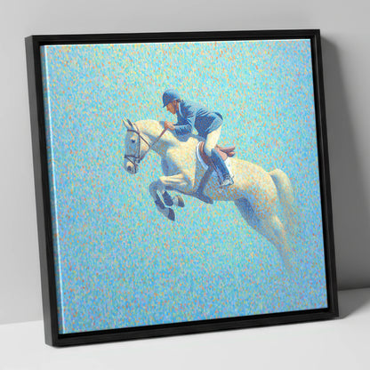 Luminous Flight show jumping horse canvas wall art in black frame