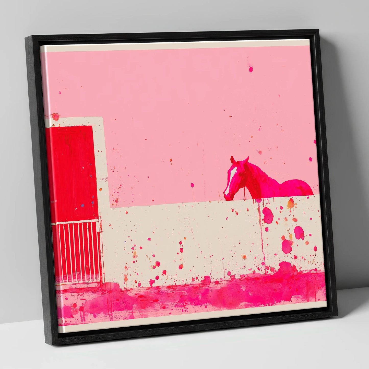 Crimson Doorway horse stable canvas wall art in black frame