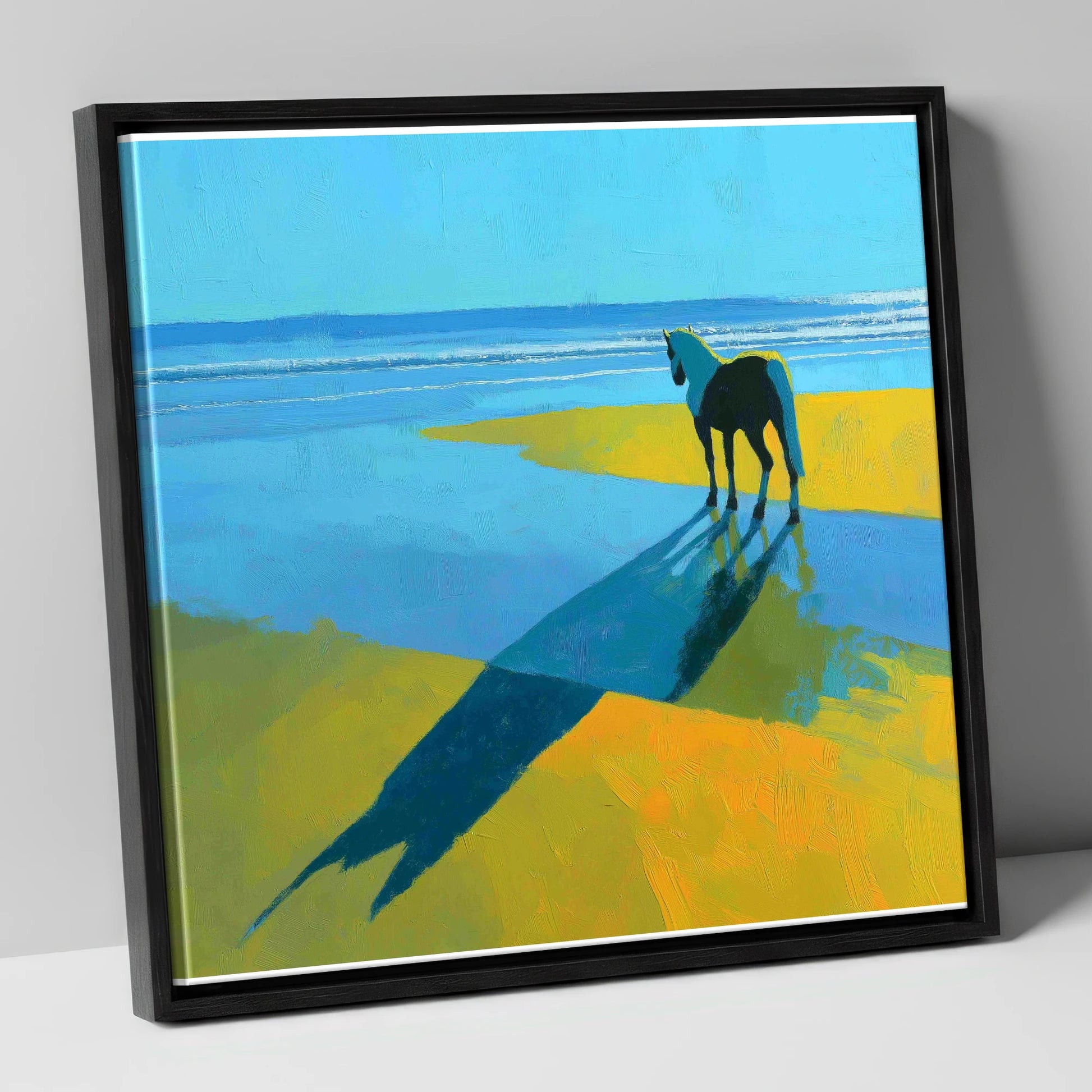 Azure Shoreline Silhouette horse landscape canvas wall art in black frame