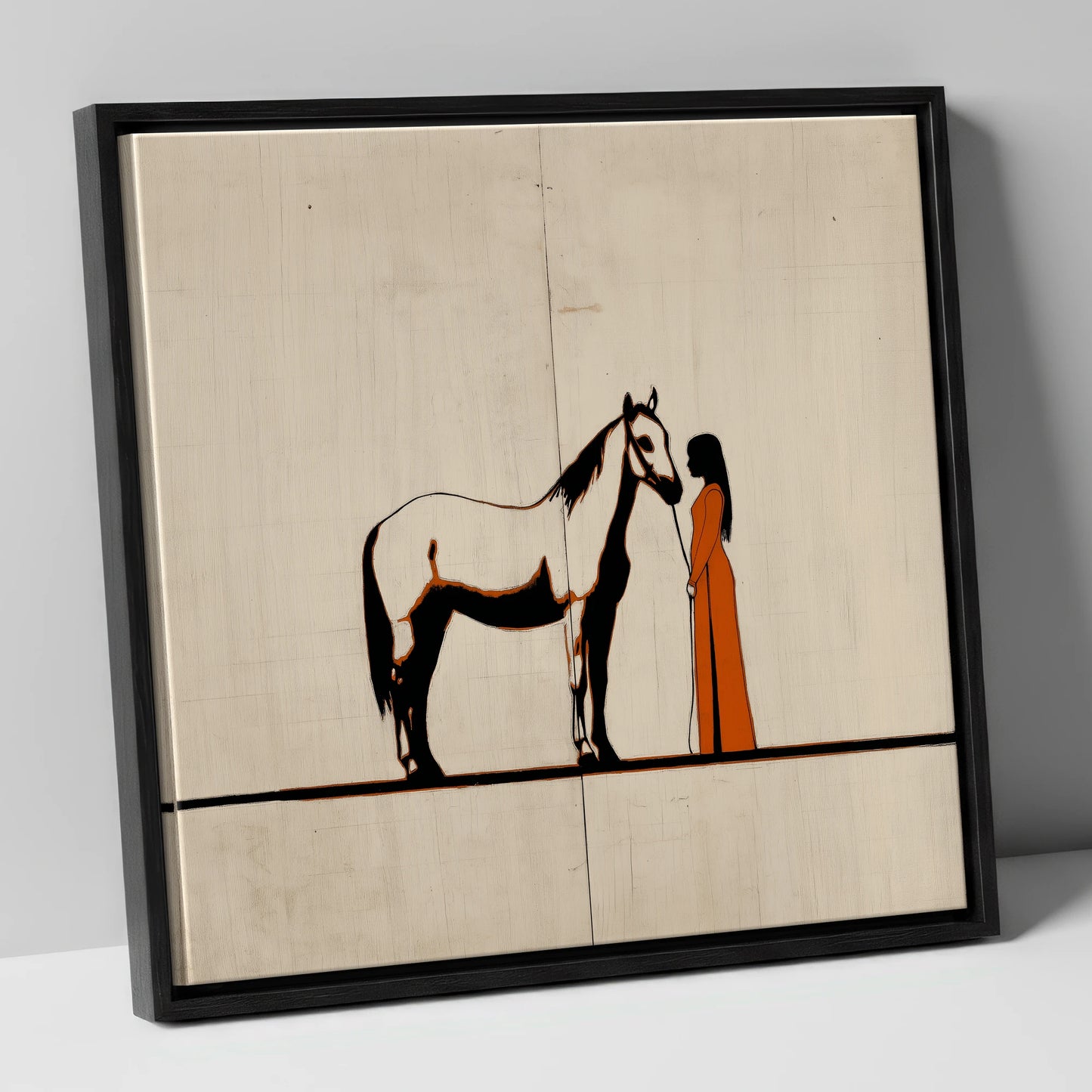 Quiet Connection horse & rider canvas wall art in black frame