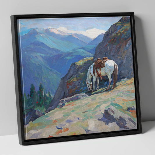 Alpine Trail Halt horse landscape canvas wall art in black frame