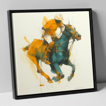 The Decisive Strike polo horse canvas wall art in black frame