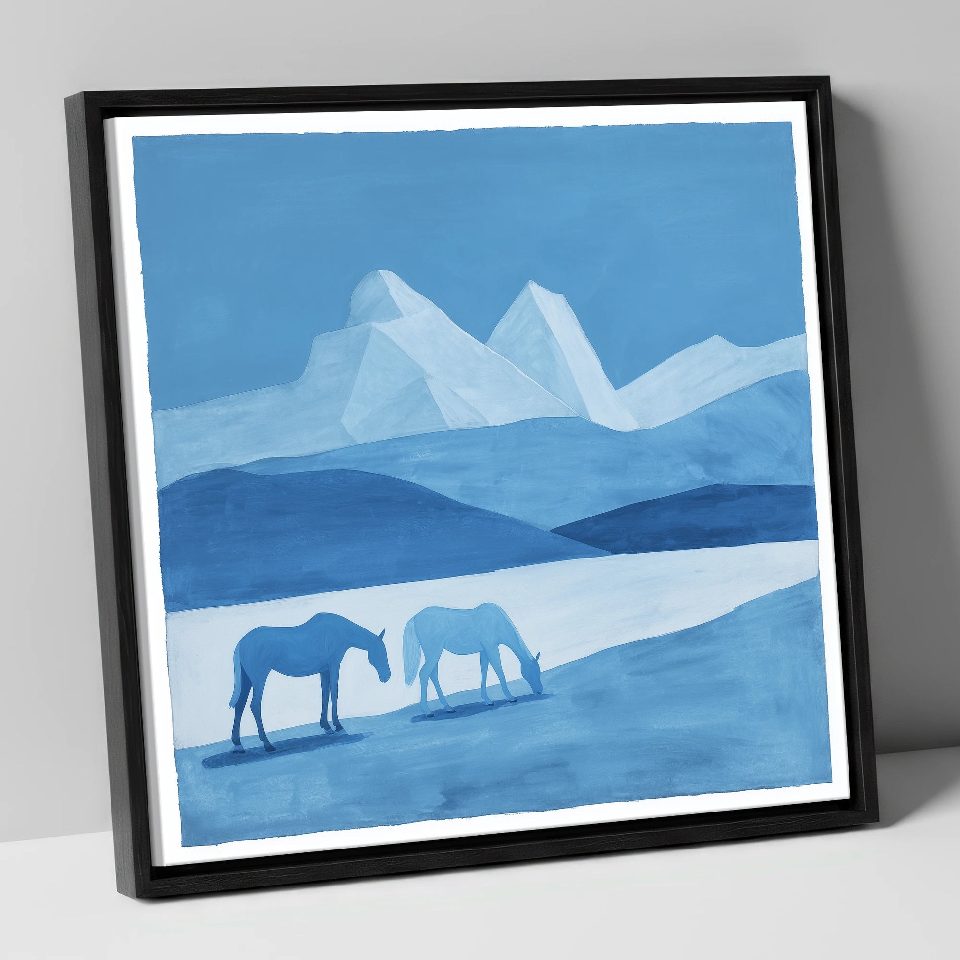 Azure Mountain Grazing horse landscape canvas wall art in black frame