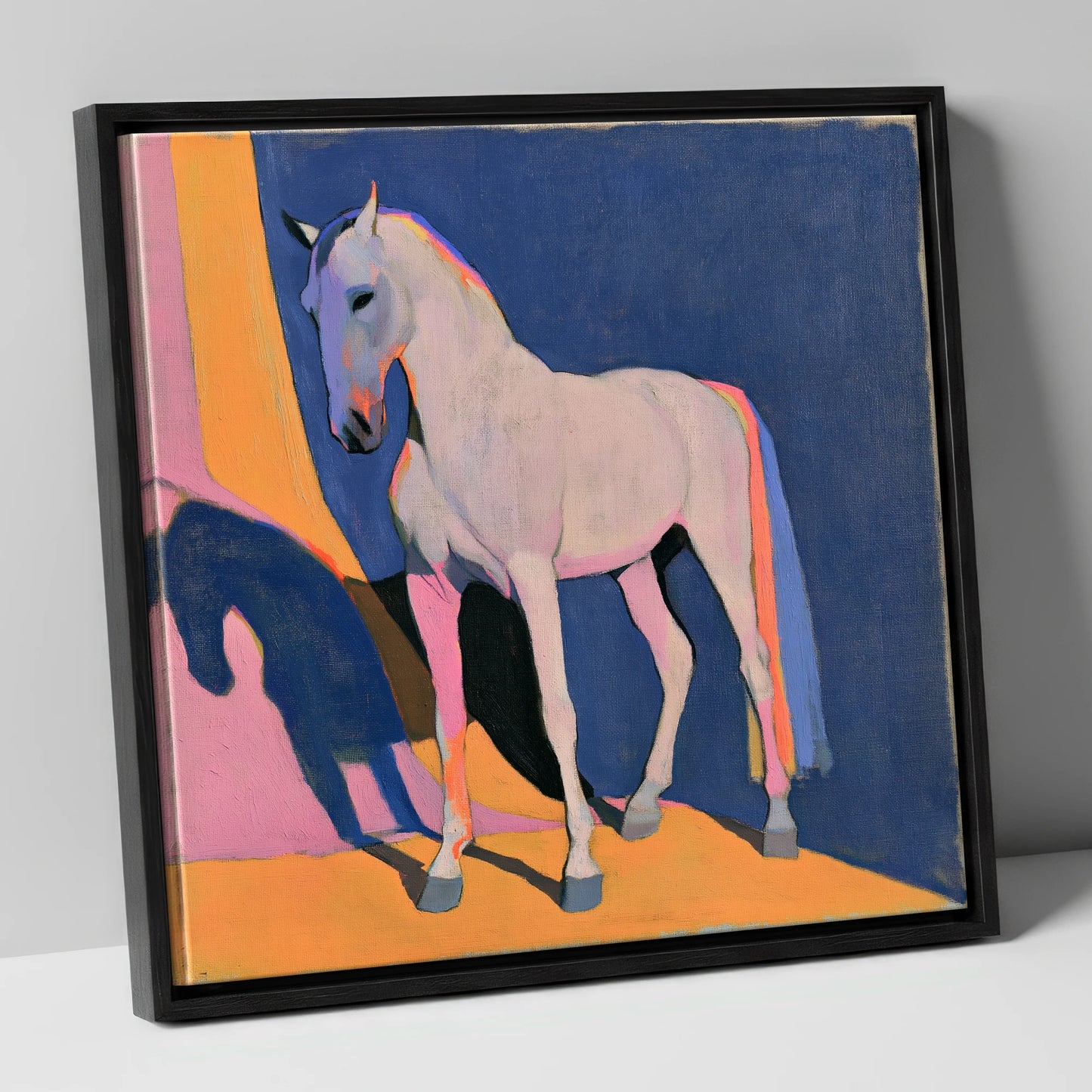Colourful Grey Horse And Shadow horse breed canvas wall art in black frame