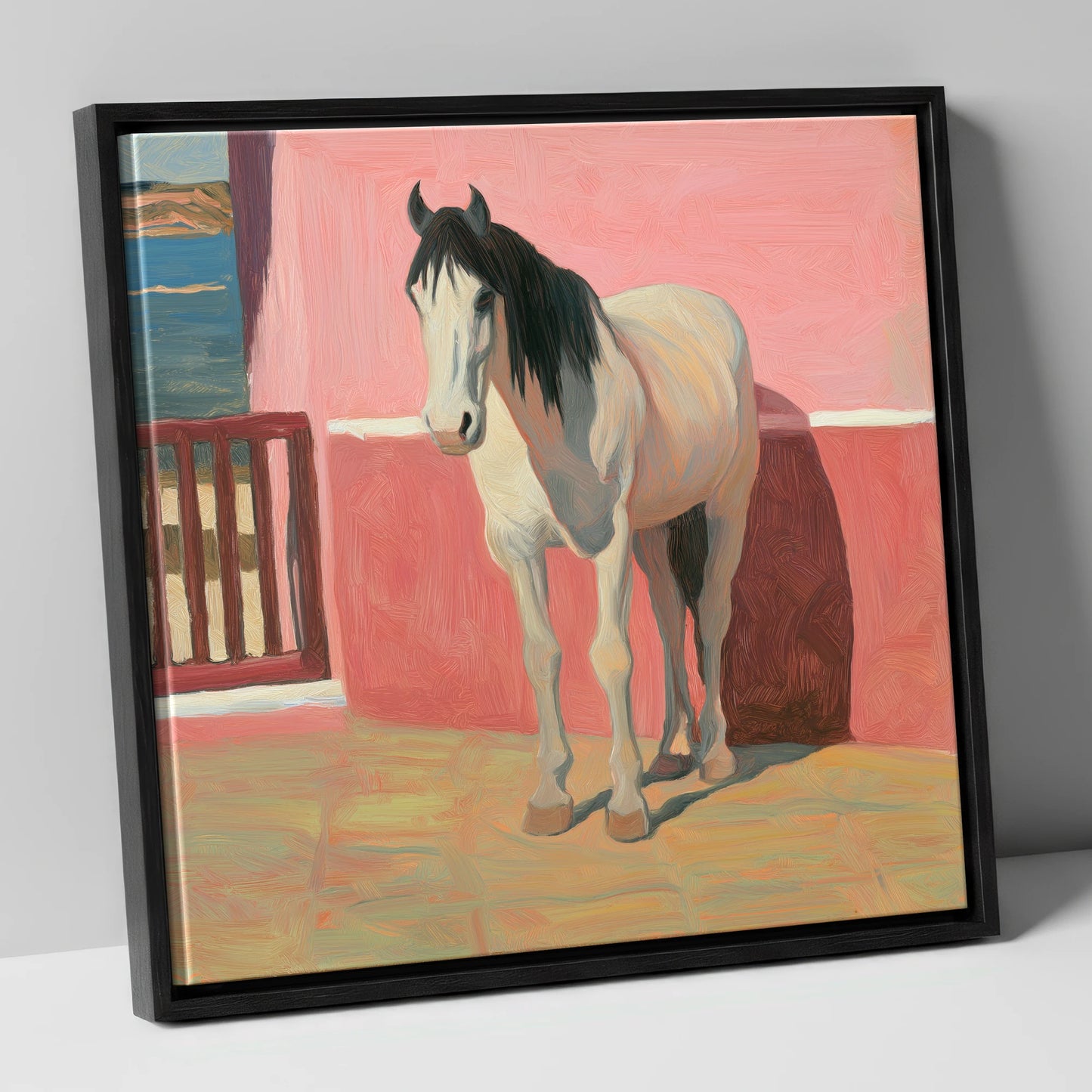 Coastal Courtyard Grey horse breed canvas wall art in black frame