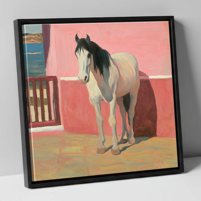 Coastal Courtyard Grey horse breed canvas wall art in black frame