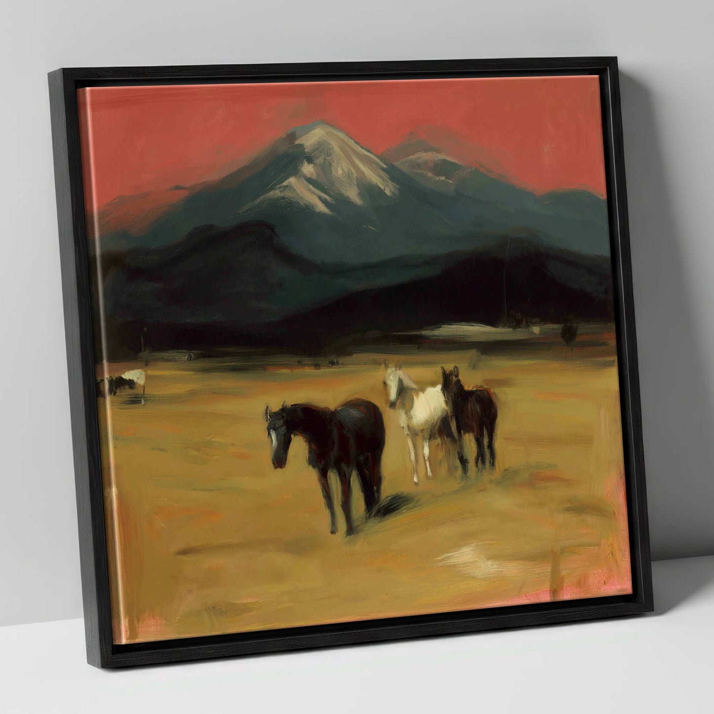 Crimson Sky Pastures horse landscape canvas wall art in black frame