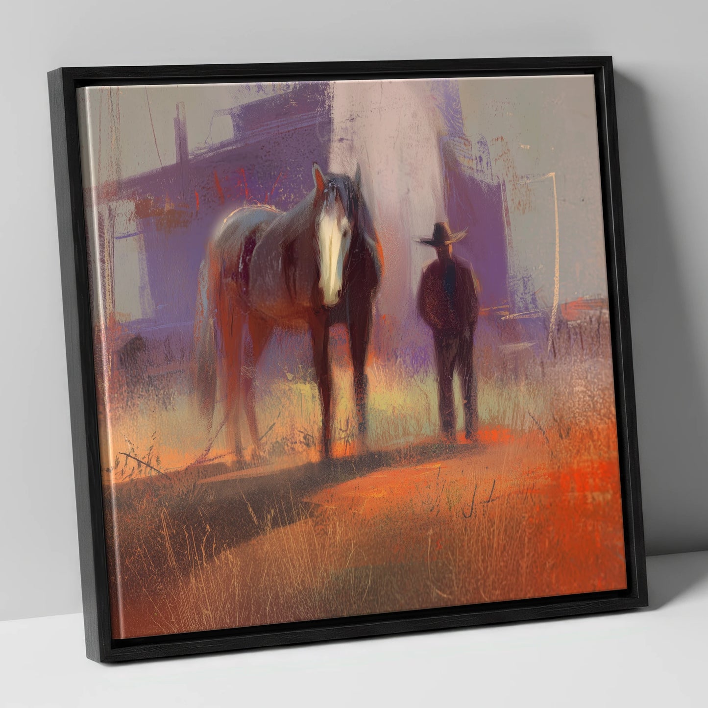 Sundown on the Trail western horse canvas wall art in black frame