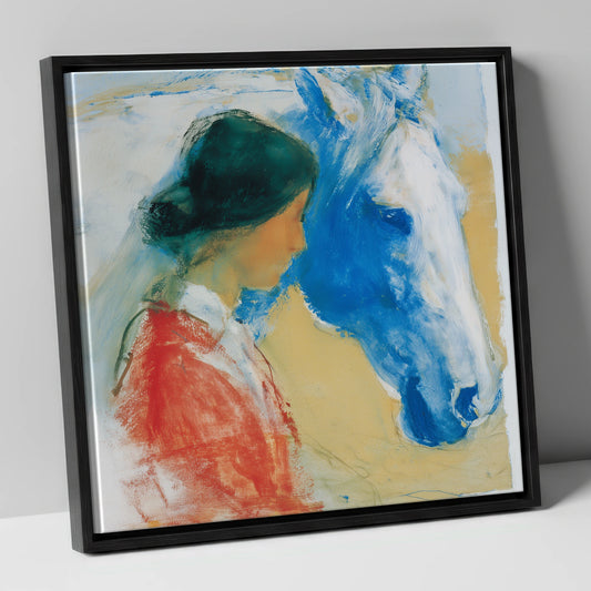 The Cobalt Companion horse & rider canvas wall art in black frame