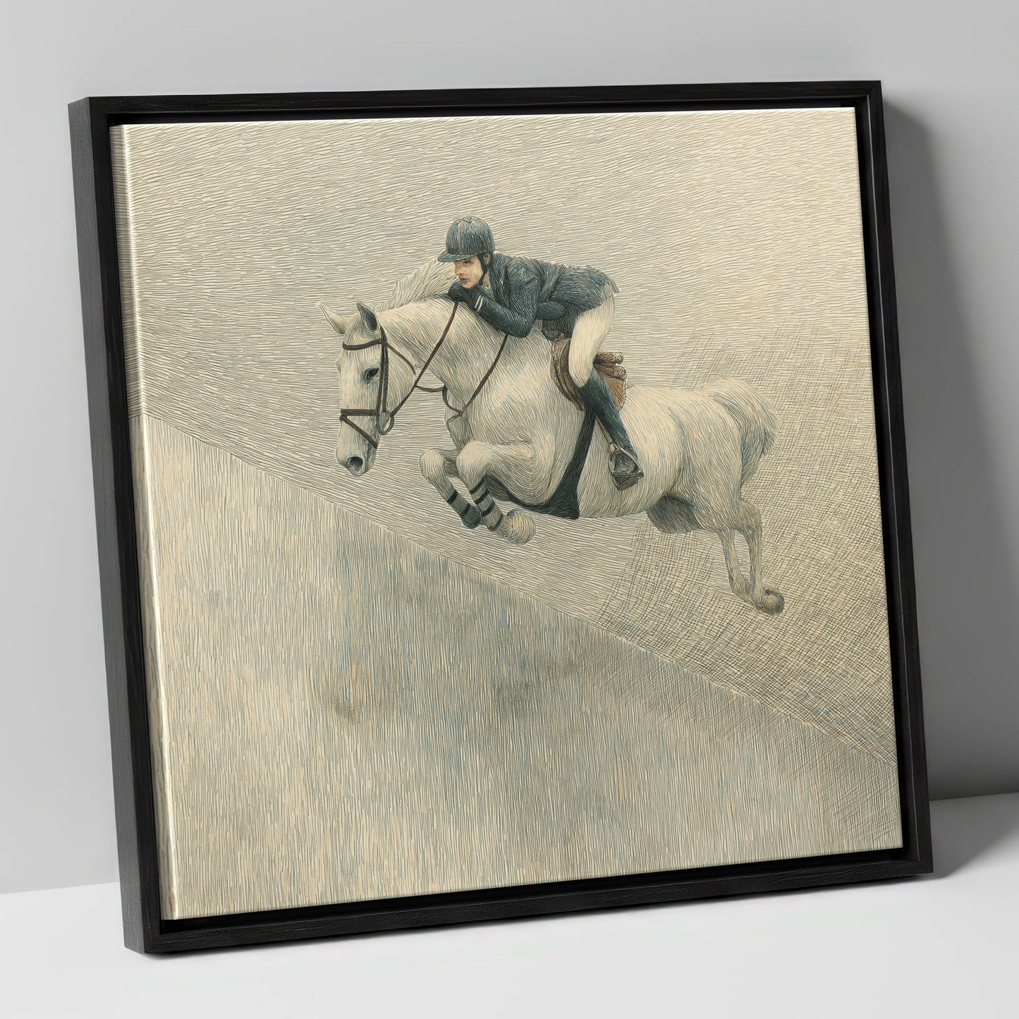 Suspended in Flight show jumping horse canvas wall art in black frame