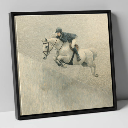 Suspended in Flight show jumping horse canvas wall art in black frame