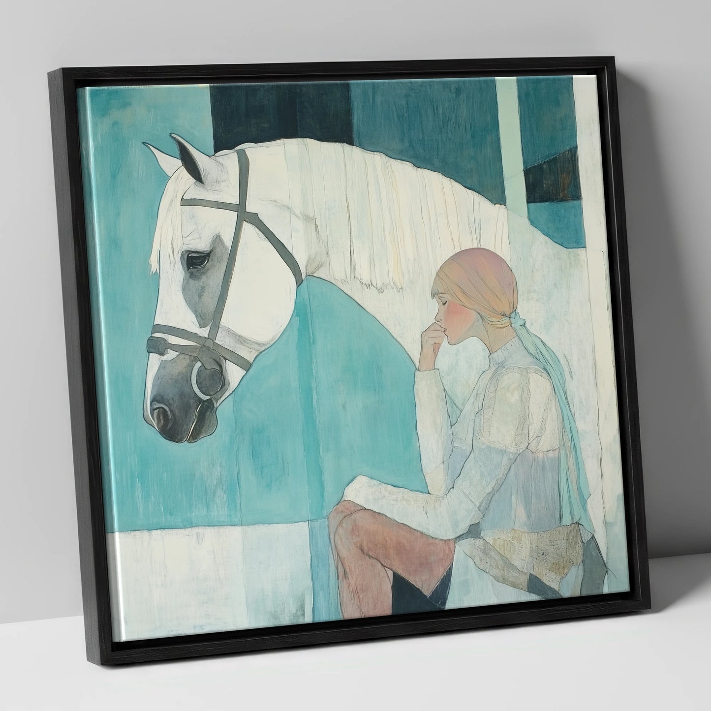 Quiet Contemplation horse & rider canvas wall art in black frame
