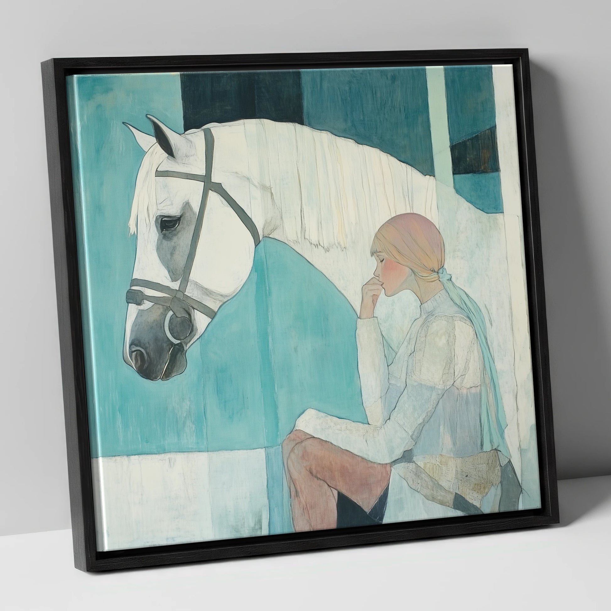 Quiet Contemplation horse & rider canvas wall art in black frame