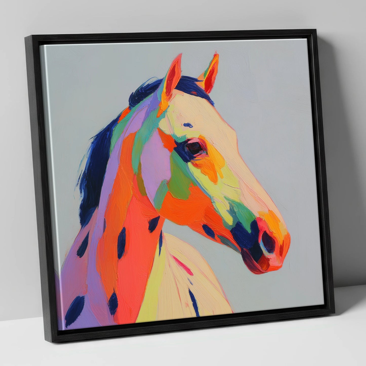 Technicolour Spirit horse breed canvas wall art in black frame