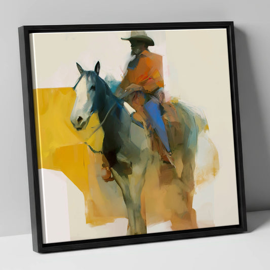 Golden Hour Cowboy western horse canvas wall art in black frame