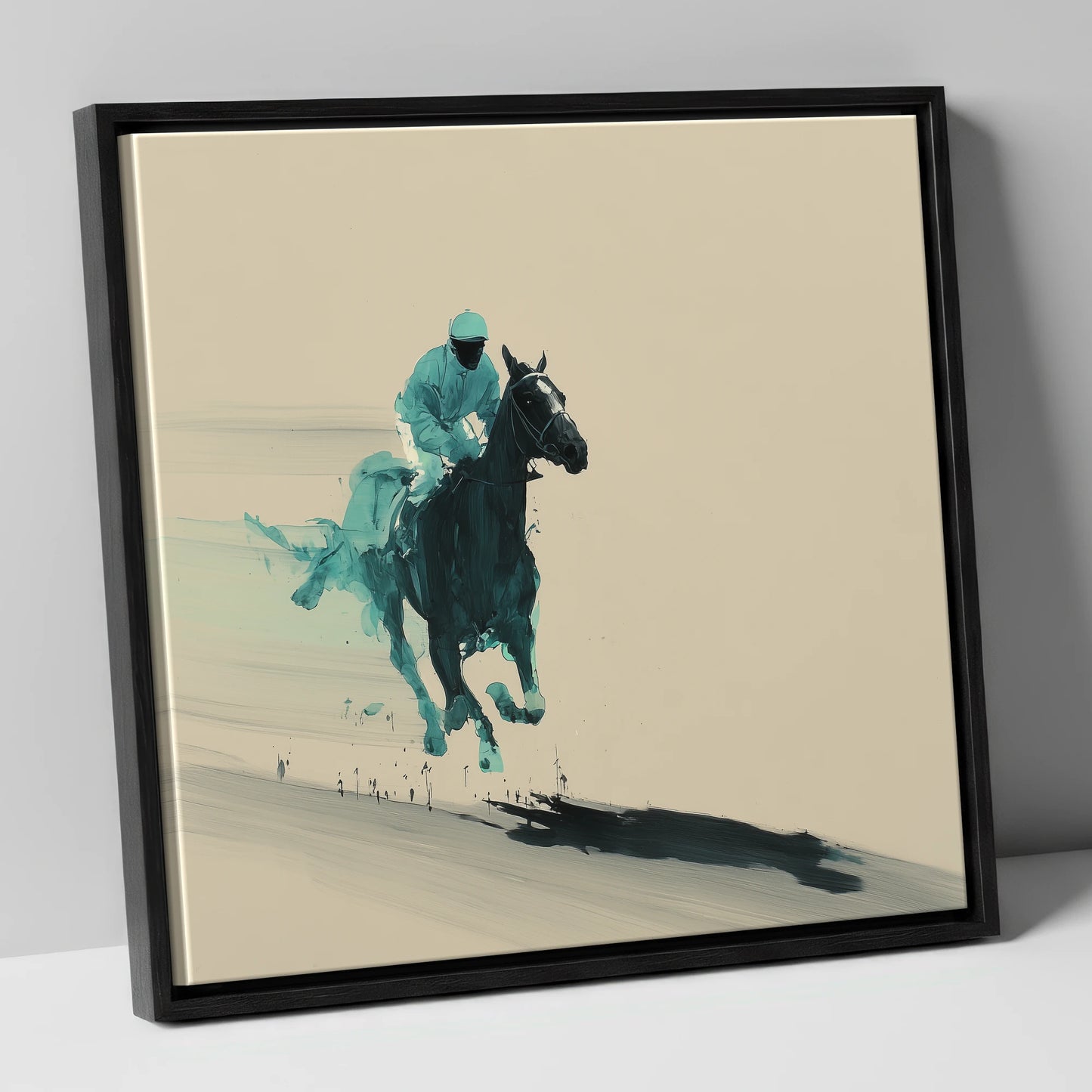 Velocity in Teal racing horse canvas wall art in black frame