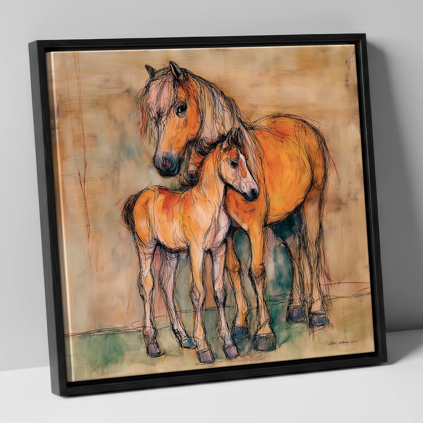 Tender Earth Bond mare & foal canvas wall art in black frame