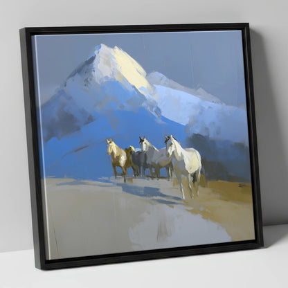 Sunlit Alpine Herd horse landscape canvas wall art in black frame