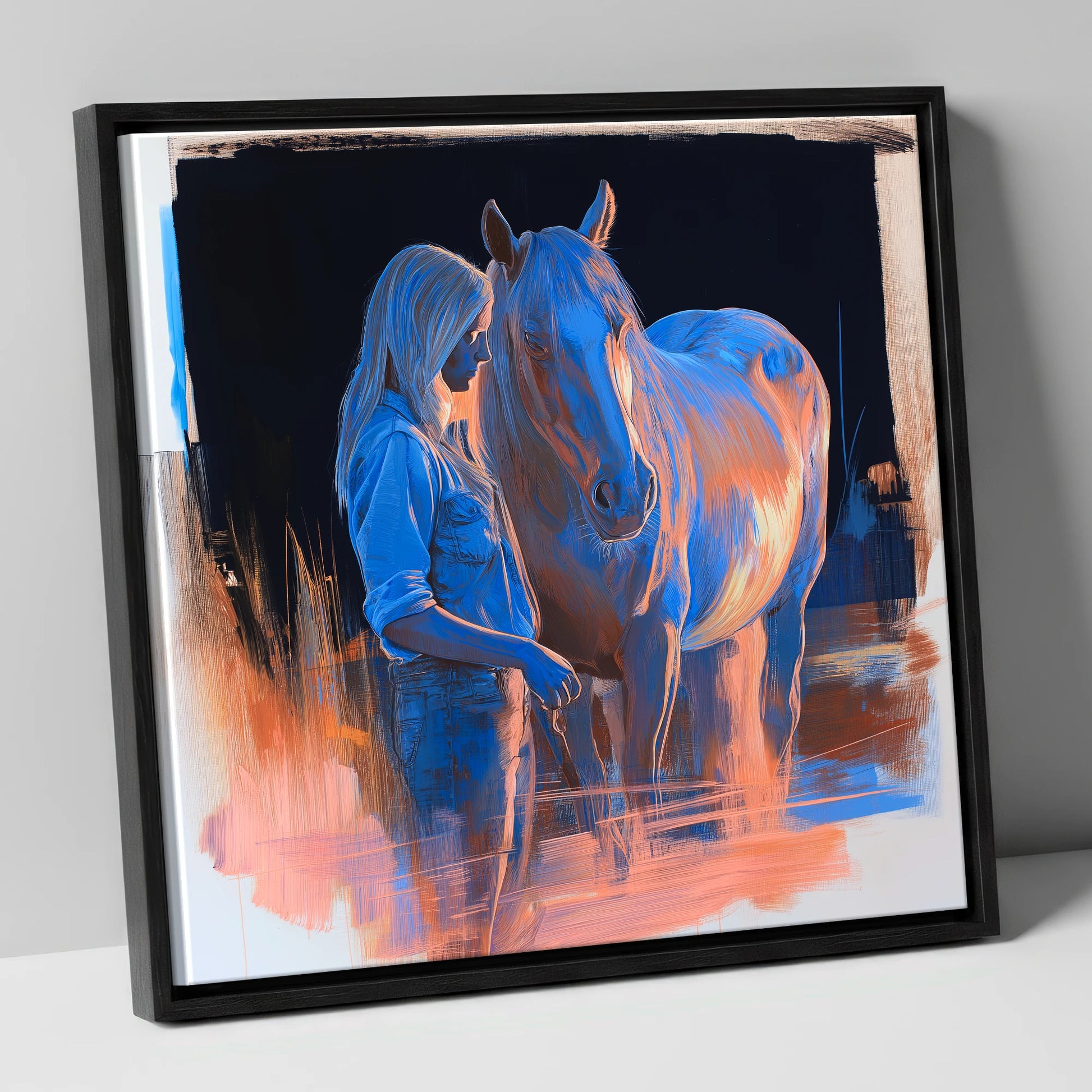 A Quiet Understanding horse & rider canvas wall art in black frame