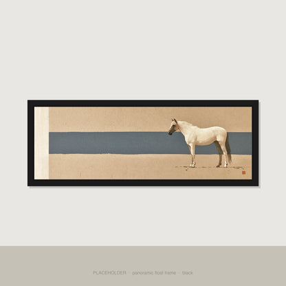 Minimalist Horizon Horse Landscape panoramic canvas wall art in black float frame