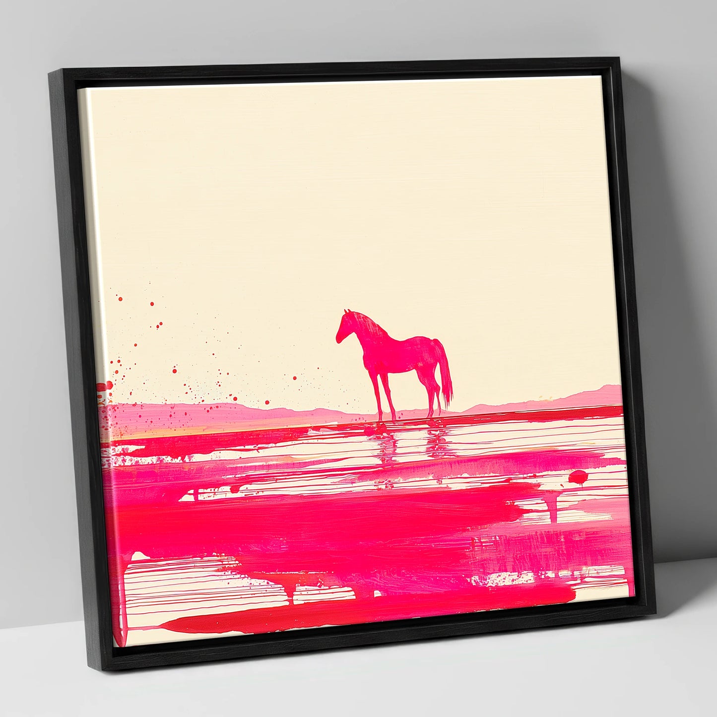 Magenta Horizon Reflection horse landscape canvas wall art in black frame