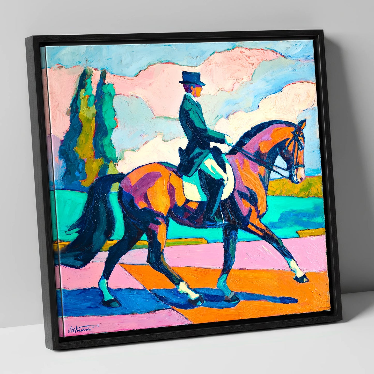 Vibrant Dressage Rhythm dressage horse canvas wall art in black frame