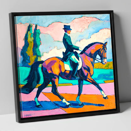 Vibrant Dressage Rhythm dressage horse canvas wall art in black frame