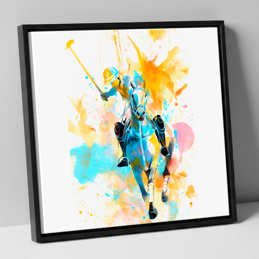 The Decisive Strike polo horse canvas wall art in black frame