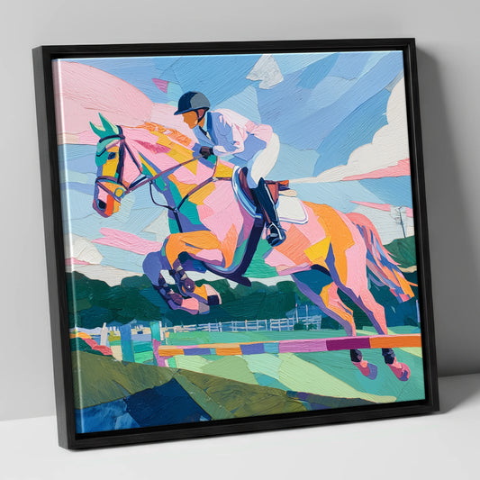 Kaleidoscope Leap show jumping horse canvas wall art in black frame