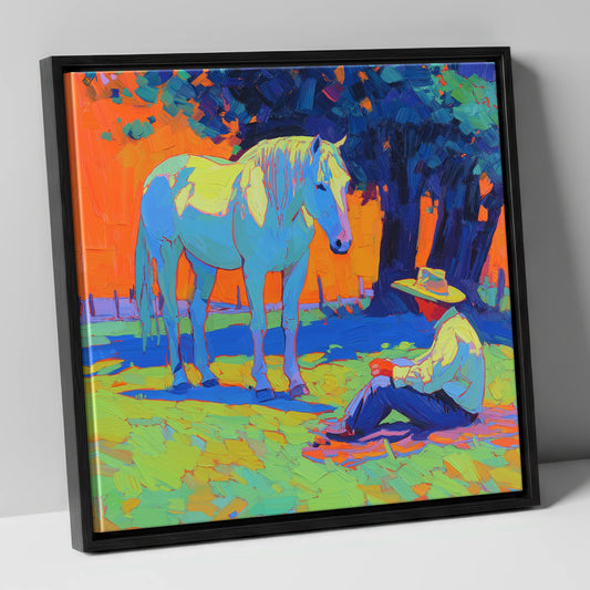 Vibrant Sunset Companion horse & rider canvas wall art in black frame