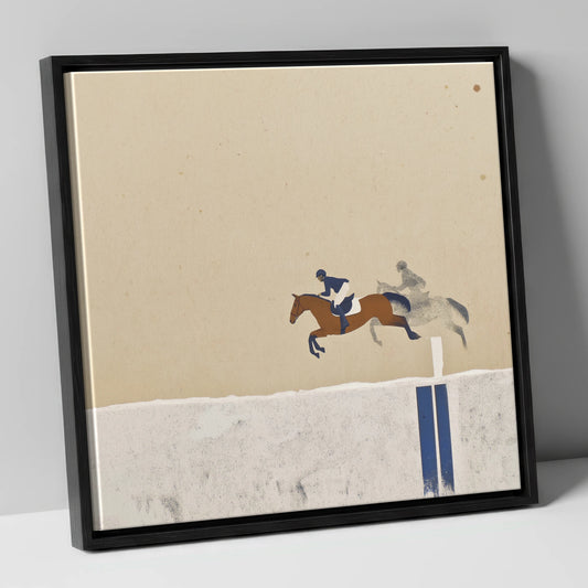 Suspended in Flight show jumping horse canvas wall art in black frame