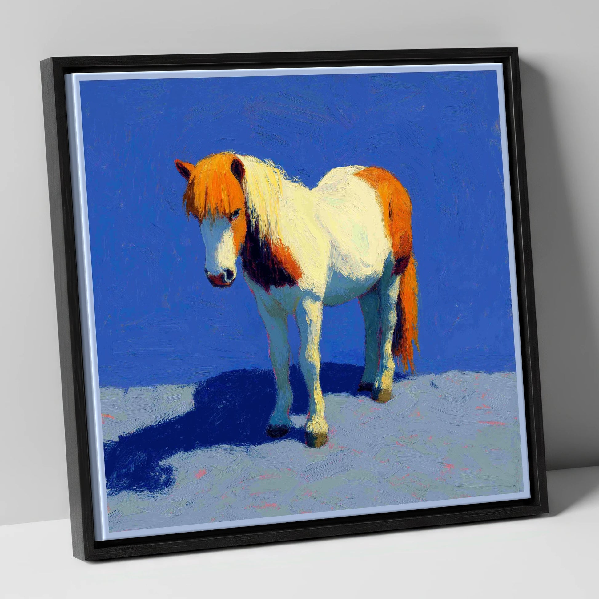 Sunlit Skewbald Pony horse breed canvas wall art in black frame