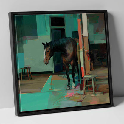 Quiet Yard in Teal horse stable canvas wall art in black frame