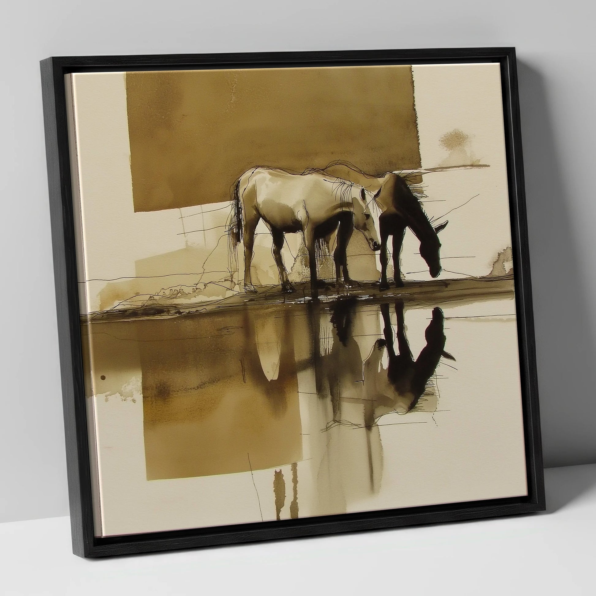 Sepia Reflections wild horses canvas wall art in black frame