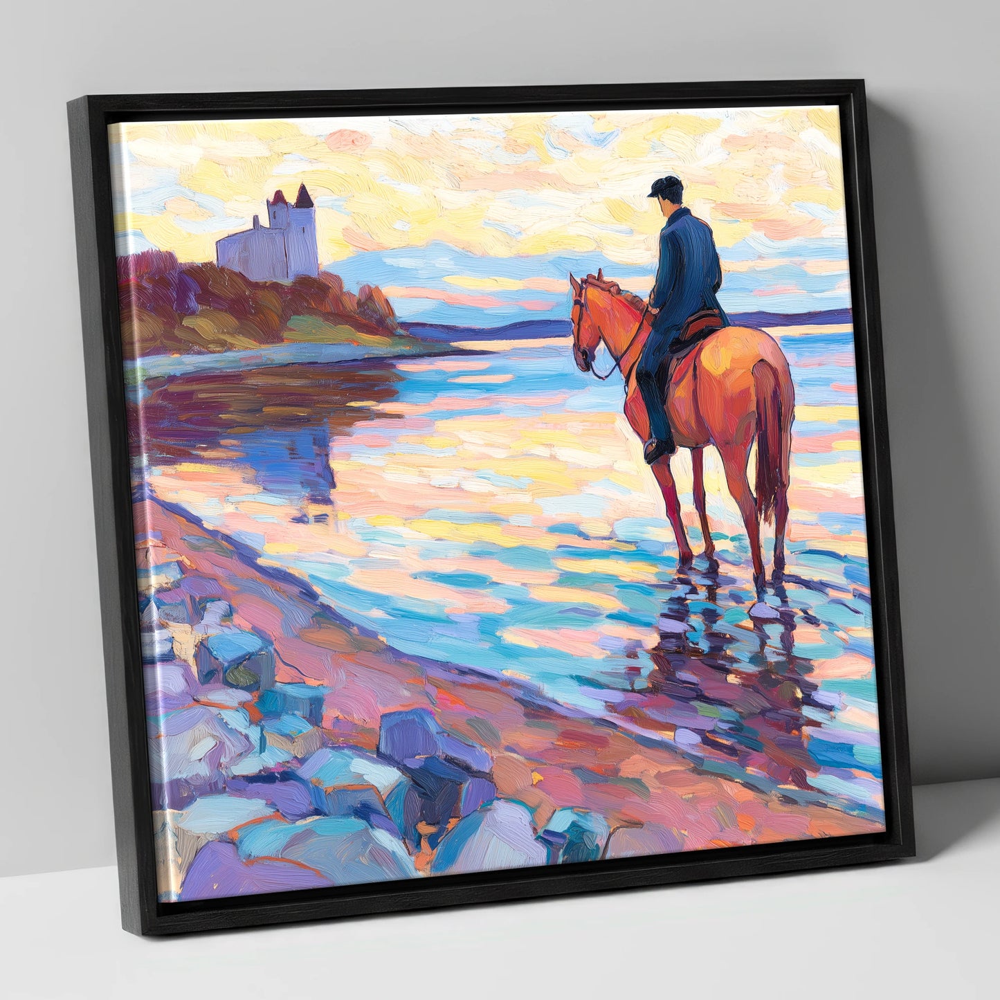 Rider at Castle Bay beach horse canvas wall art in black frame