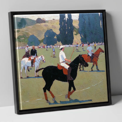 Midsummer Polo Pause polo horse canvas wall art in black frame