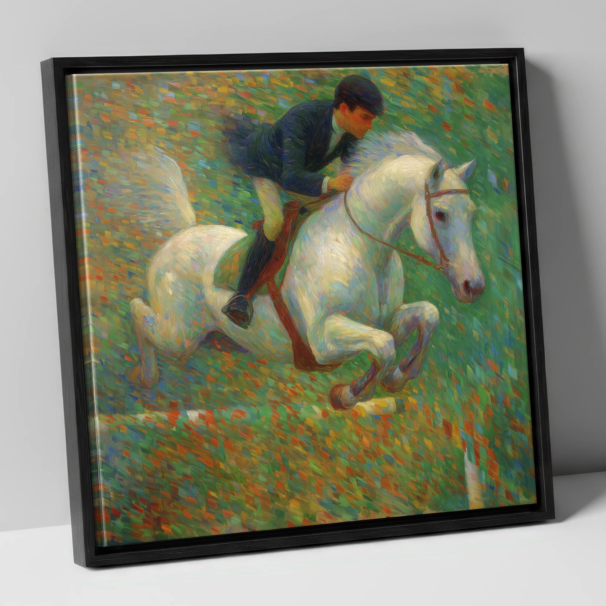 Luminous Jumping Grey show jumping horse canvas wall art in black frame