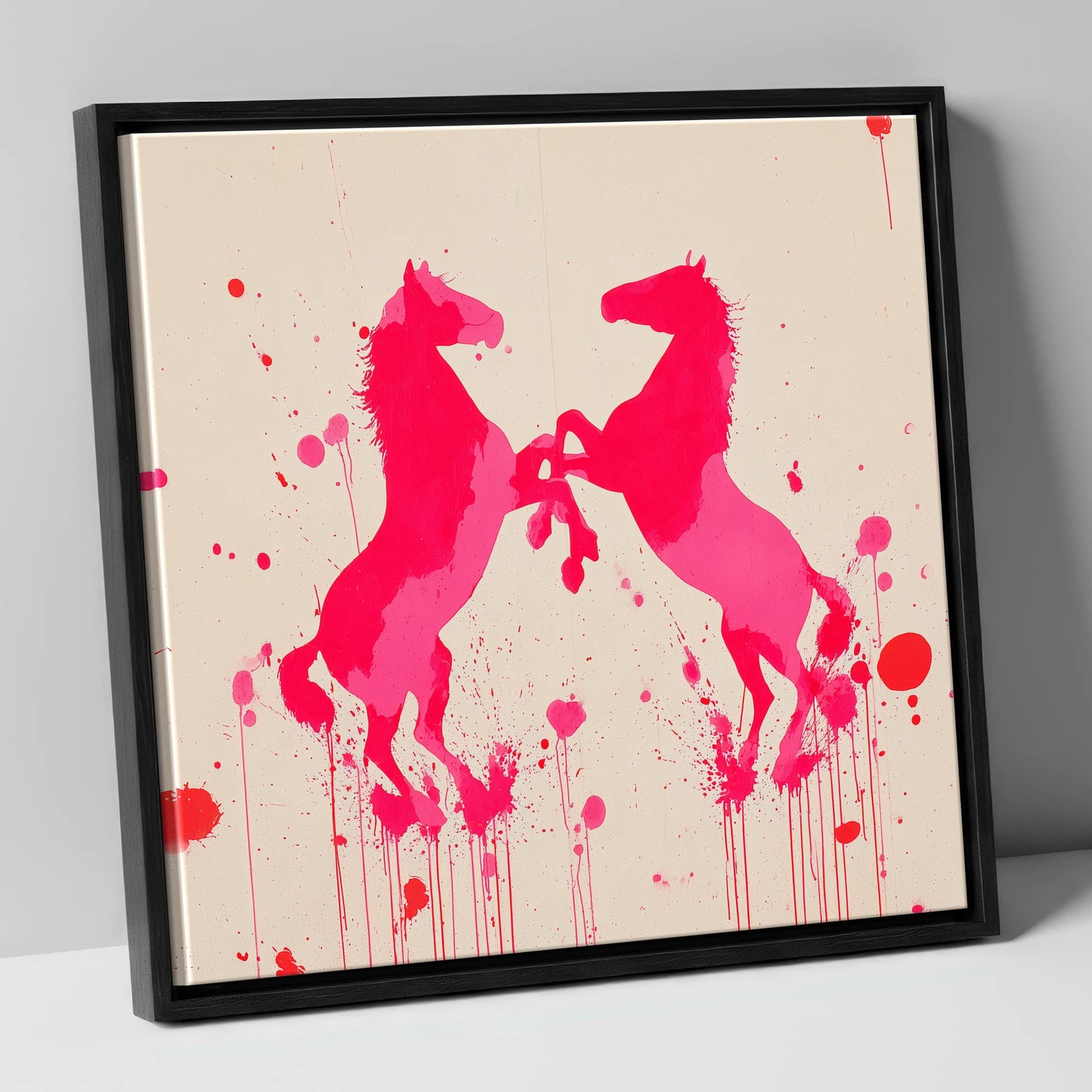 Rearing in Magenta wild horses canvas wall art in black frame