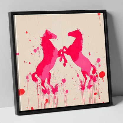 Rearing in Magenta wild horses canvas wall art in black frame
