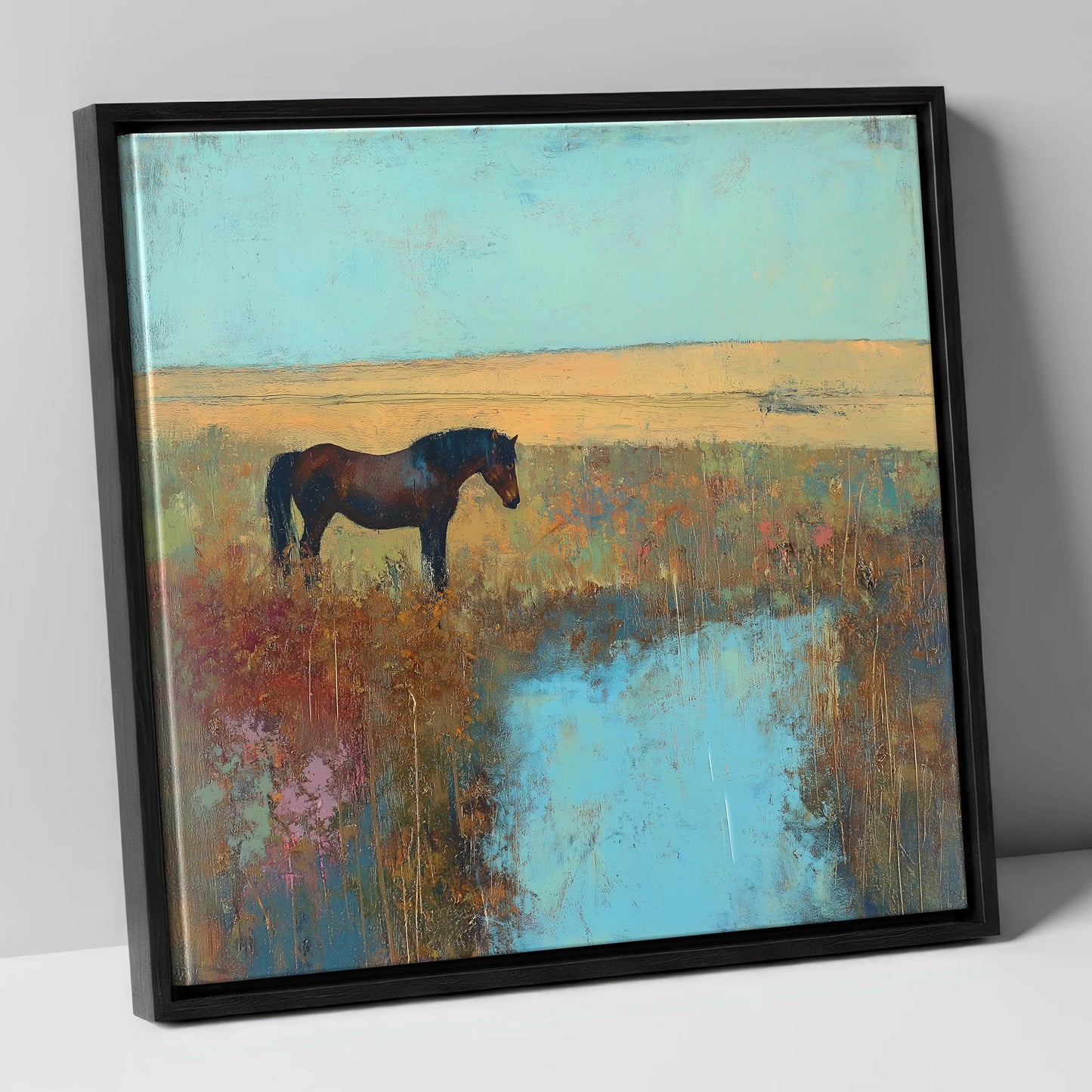 Silent Waters horse landscape canvas wall art in black frame