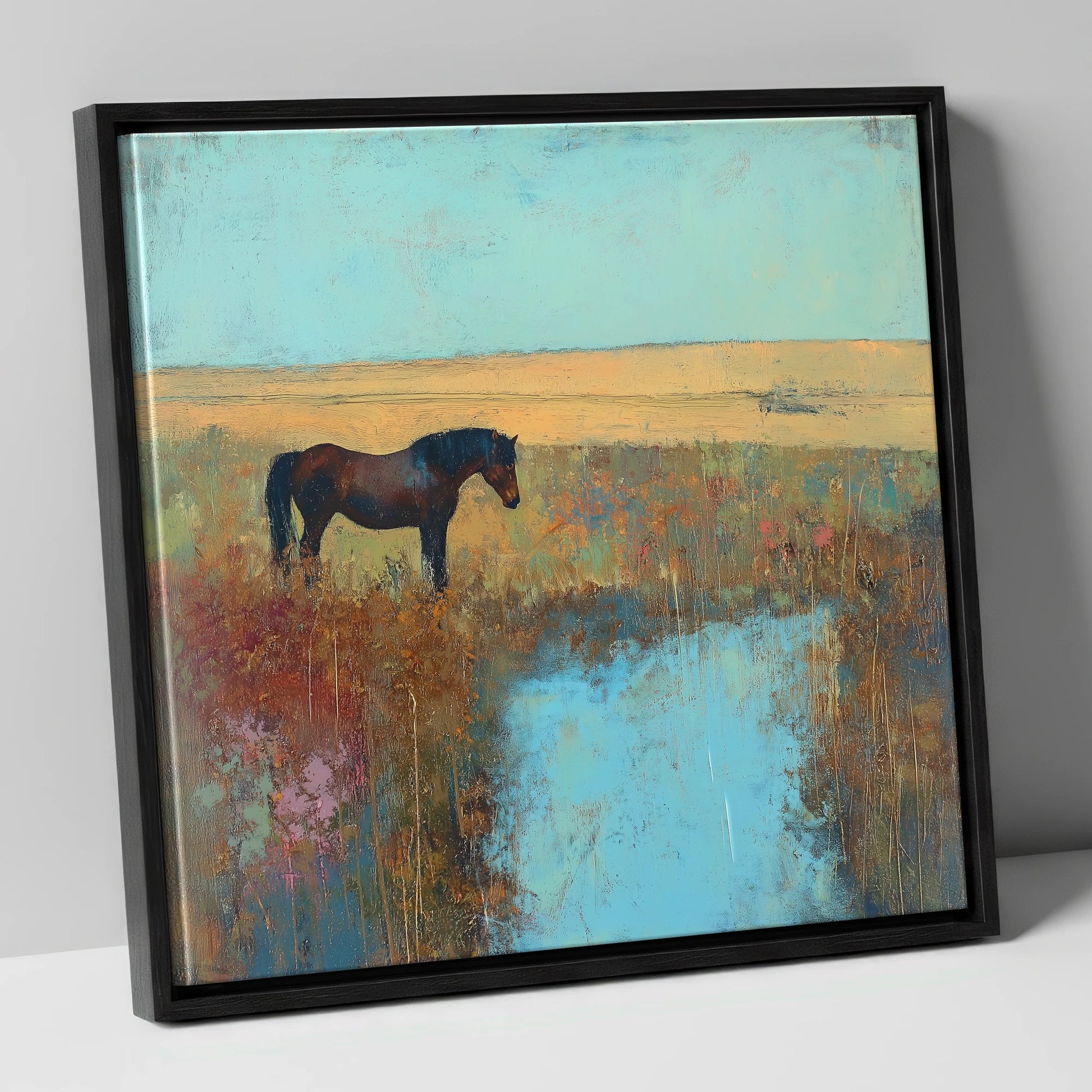Silent Waters horse landscape canvas wall art in black frame