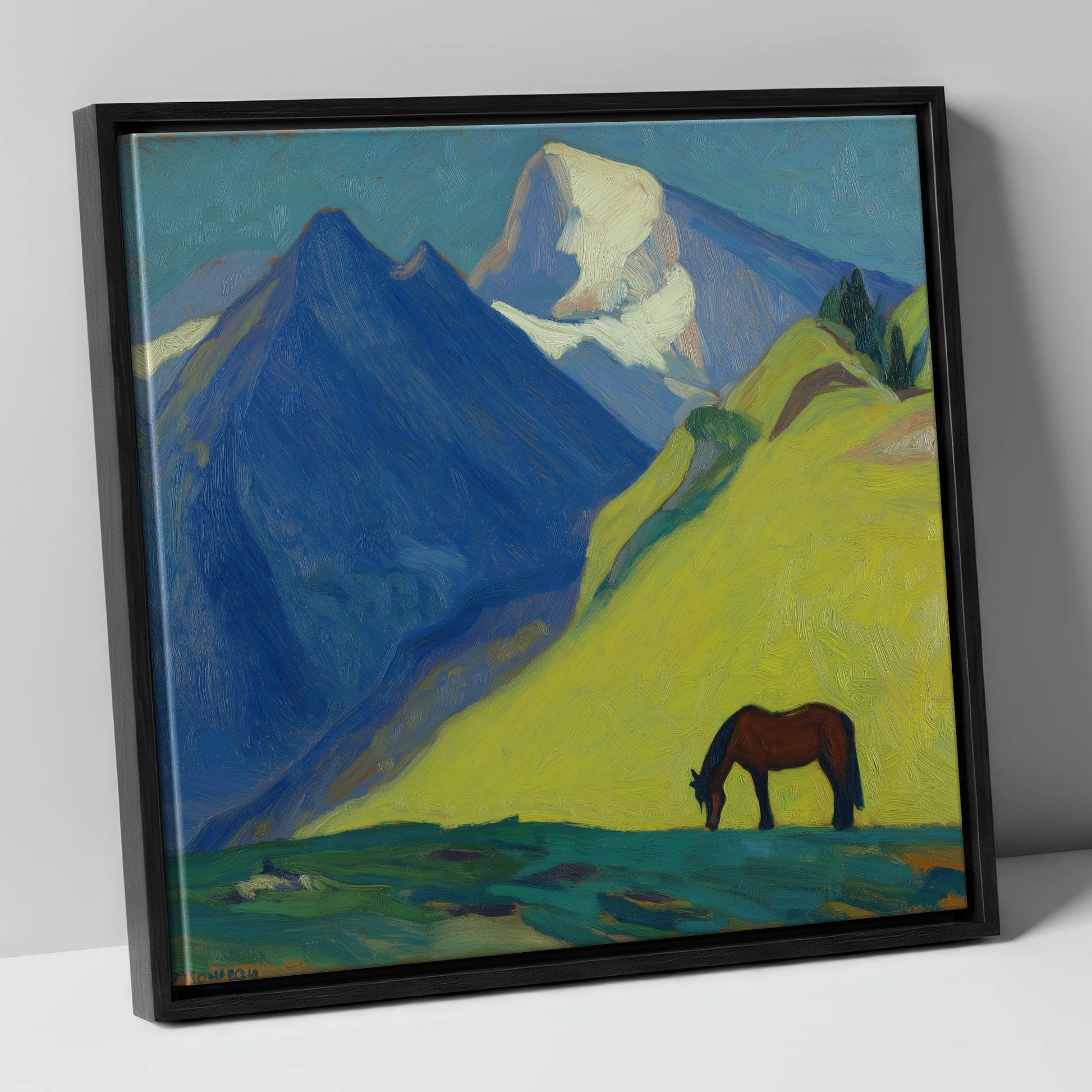 Blue Mountain Pasture horse landscape canvas wall art in black frame