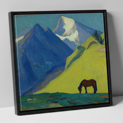 Blue Mountain Pasture horse landscape canvas wall art in black frame