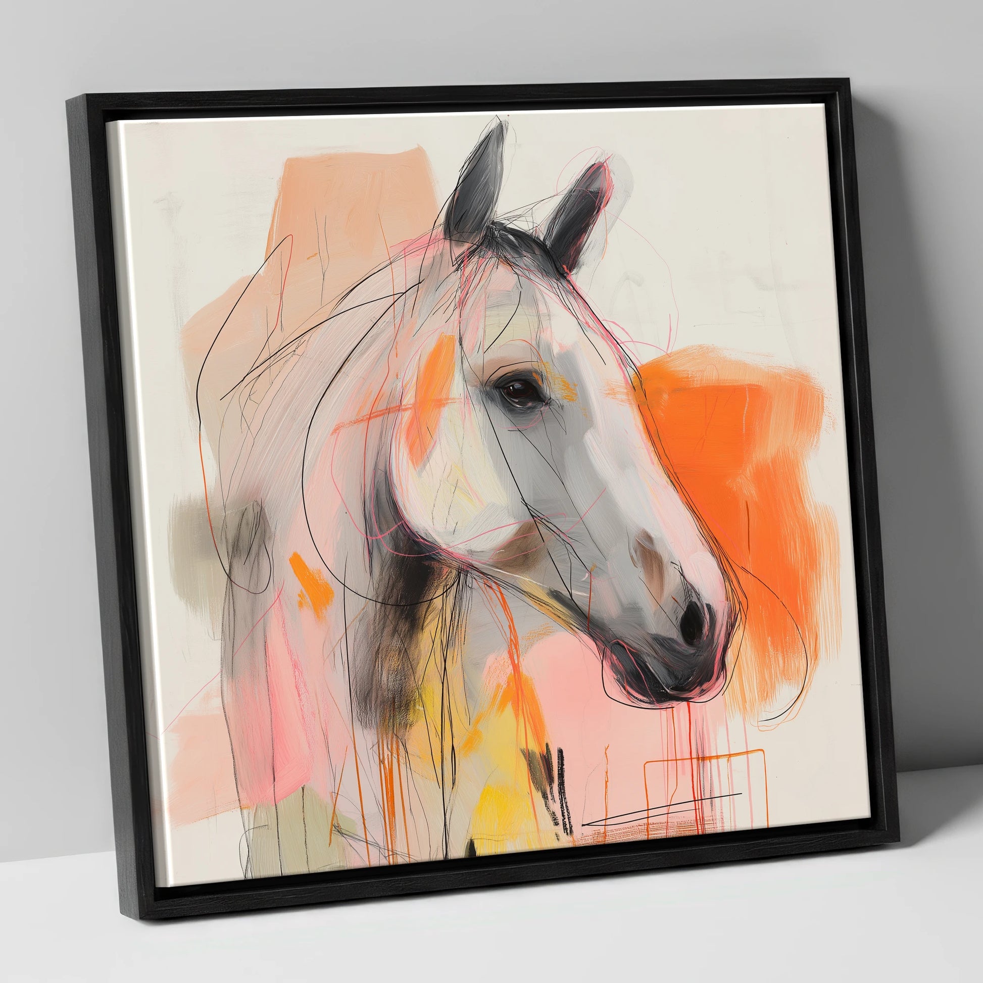 Vibrant Grey Spirit horse portrait canvas wall art in black frame