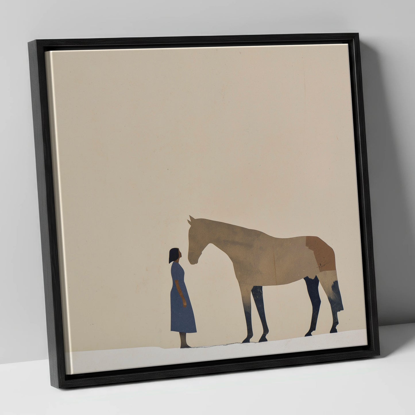 Silent Conversation horse & rider canvas wall art in black frame