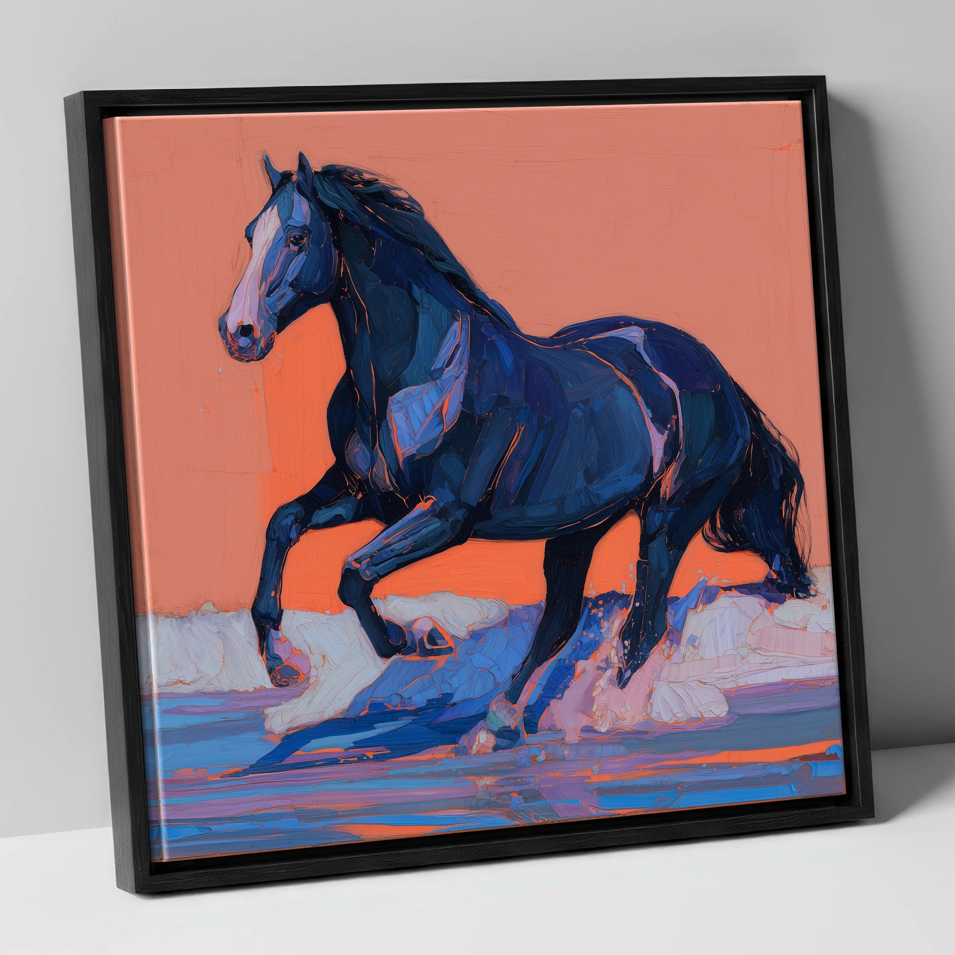 Indigo Surf Canter beach horse canvas wall art in black frame